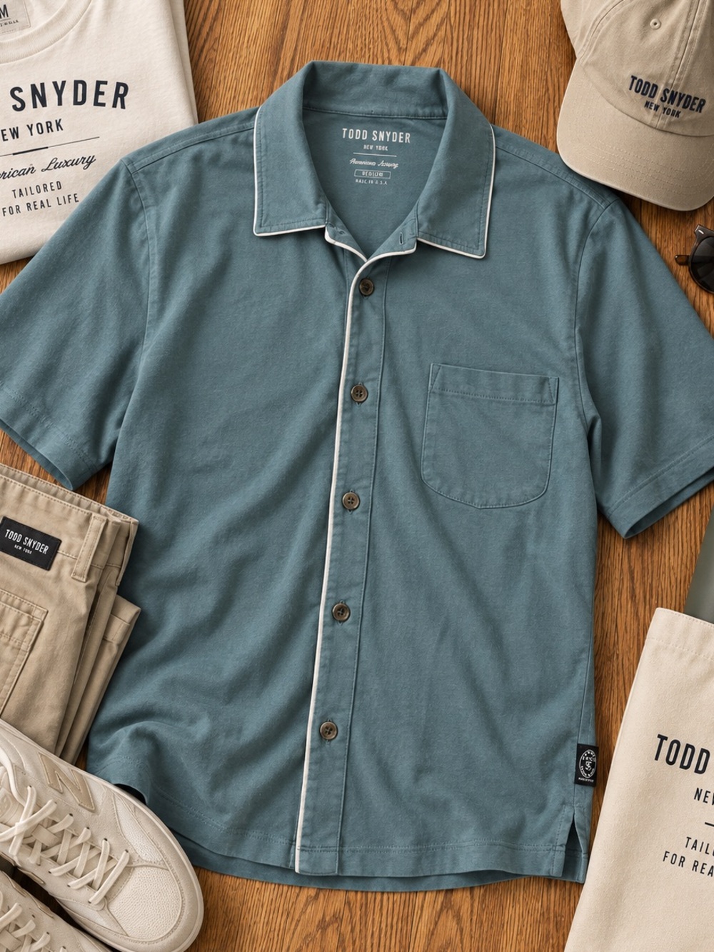 Todd Snyder Shirt Mens M Blue Montauk Tipped Full Placket Polo Premium Jersey